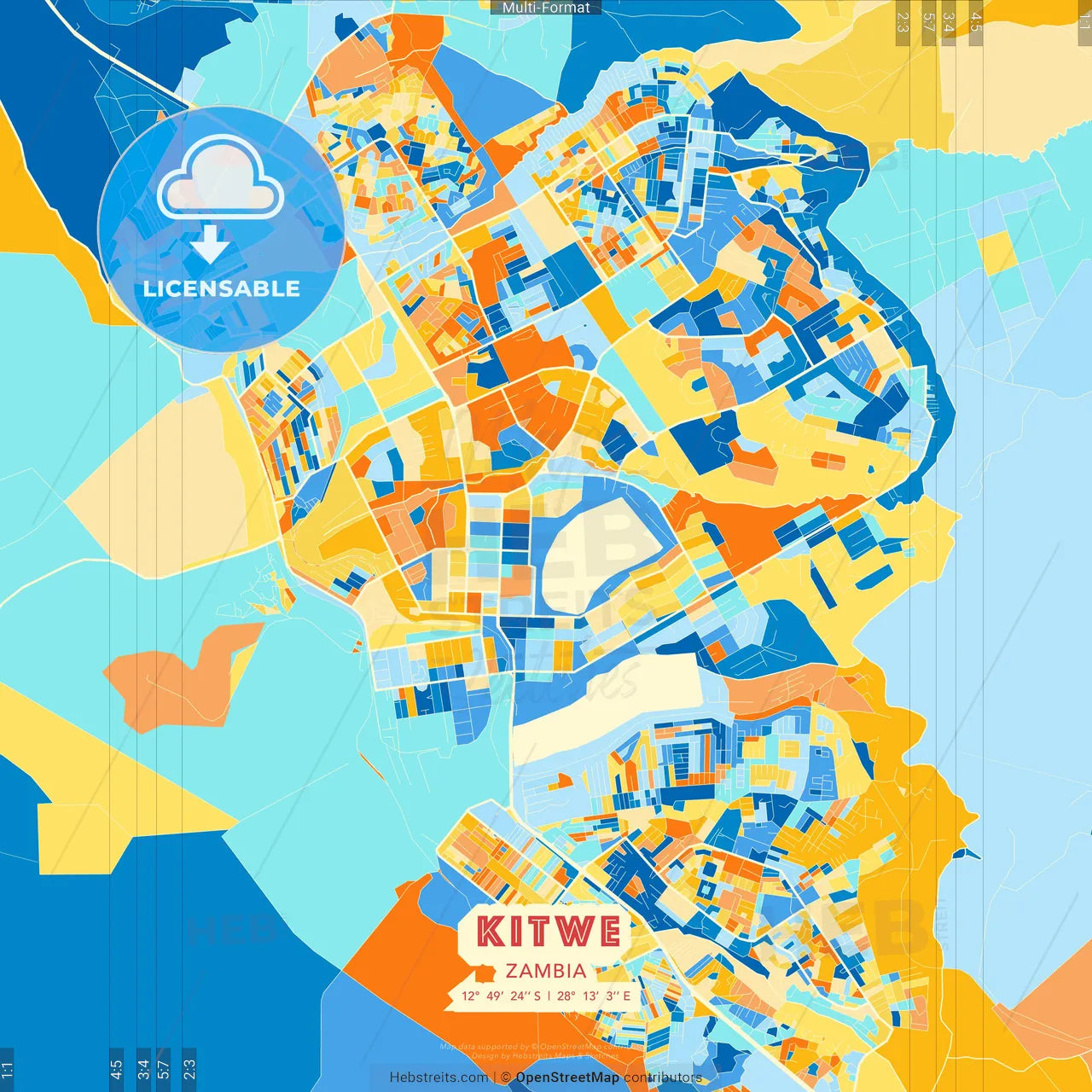 Kitwe, Zambia blue and orange vector art map template