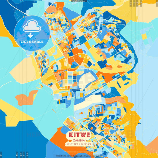 Kitwe, Zambia blue and orange vector art map template