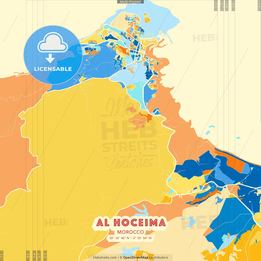 Al Hoceima, Morocco blue and orange vector art map template