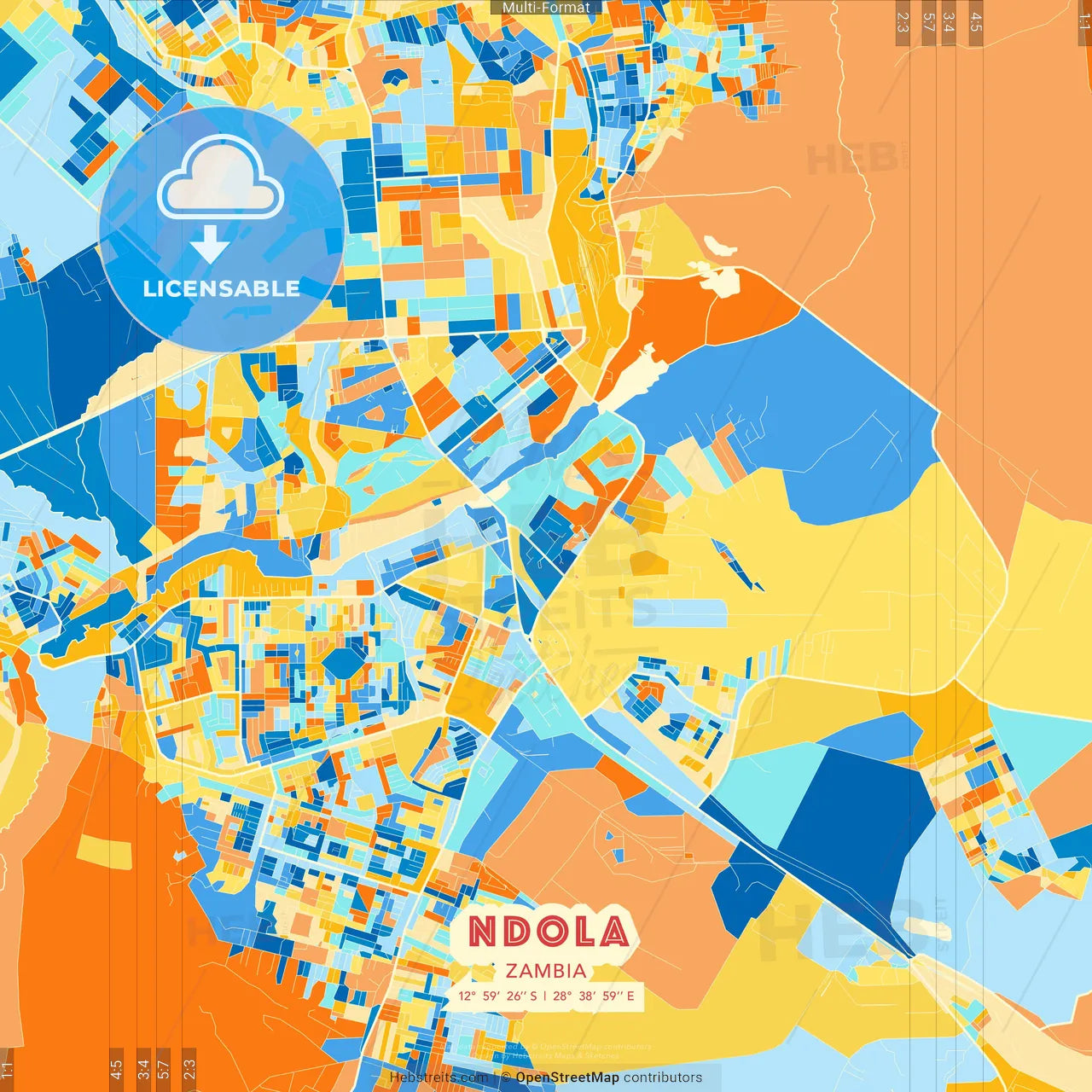Ndola, Zambia blue and orange vector art map template
