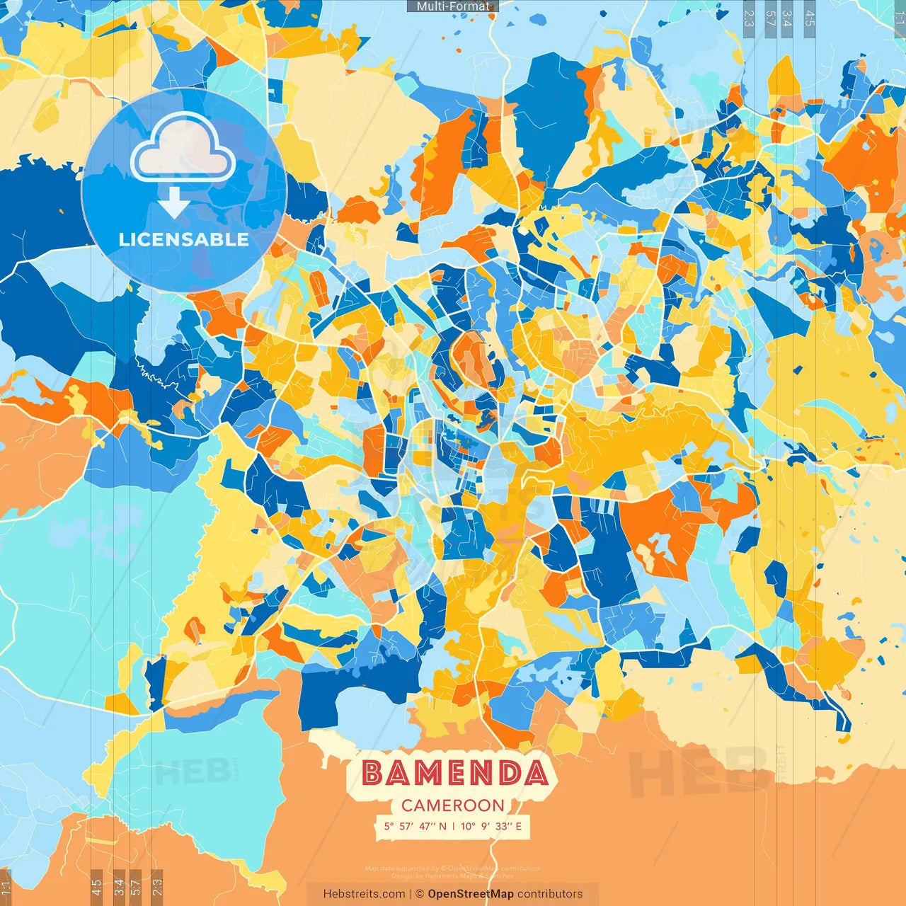 Bamenda, Cameroon blue and orange vector art map template