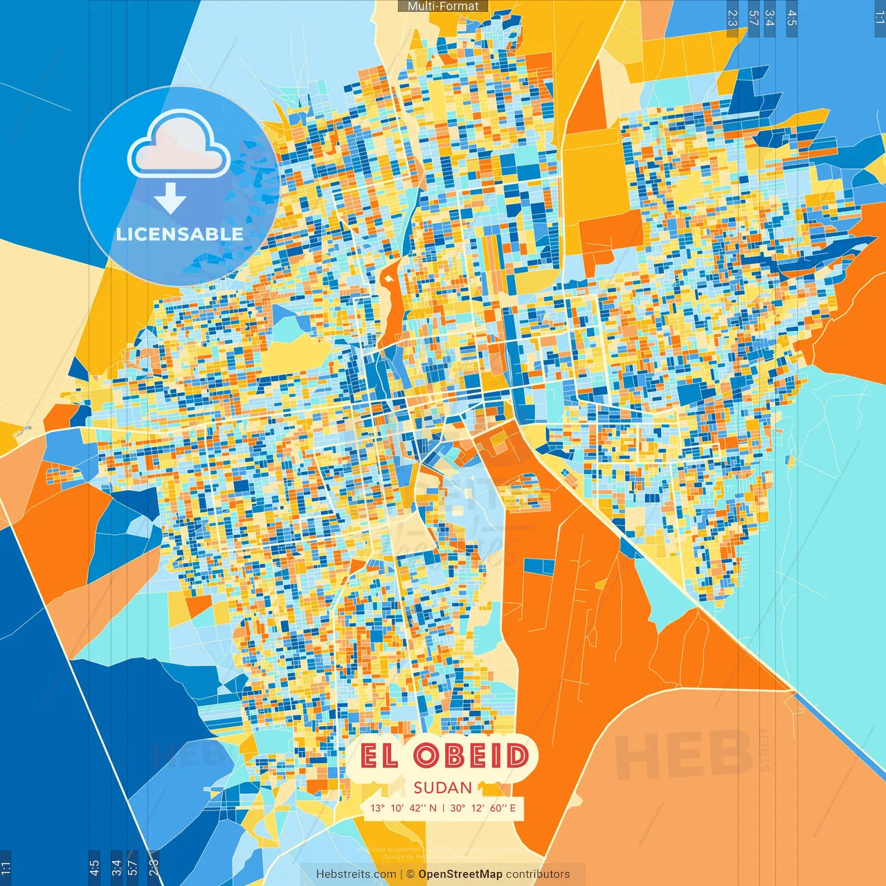 El Obeid, Sudan blue and orange vector art map template
