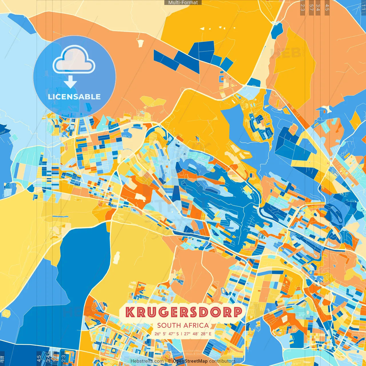 Krugersdorp, South Africa blue and orange vector art map template