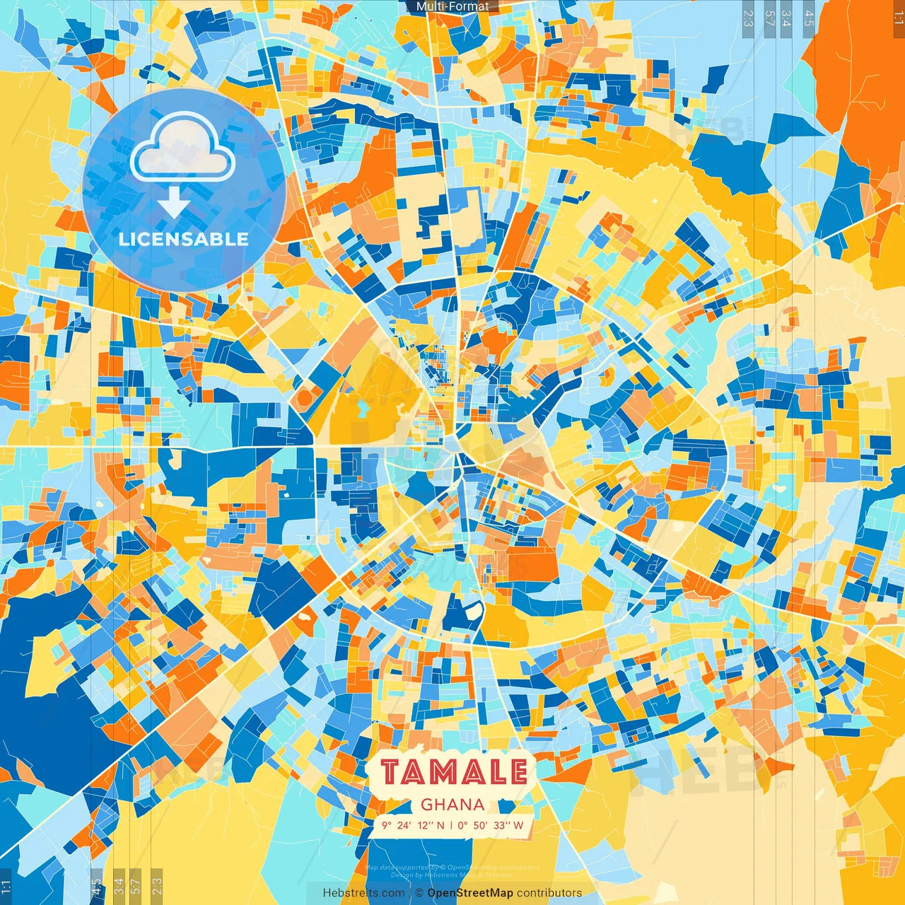 Tamale, Ghana blue and orange vector art map template