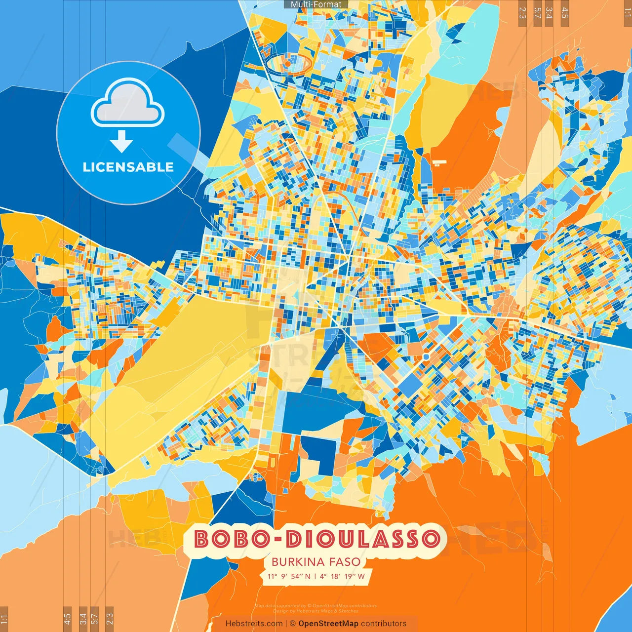 Bobo-Dioulasso, Burkina Faso blue and orange vector art map template