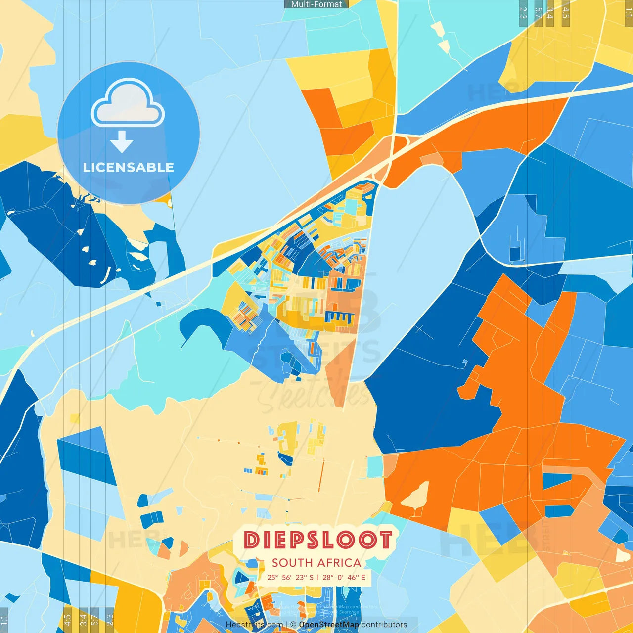 Diepsloot, South Africa blue and orange vector art map template