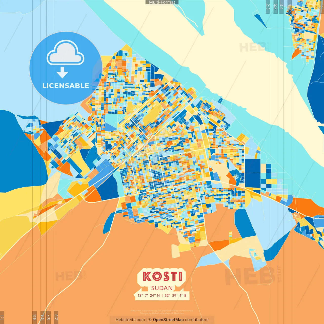 Kosti, Sudan blue and orange vector art map template