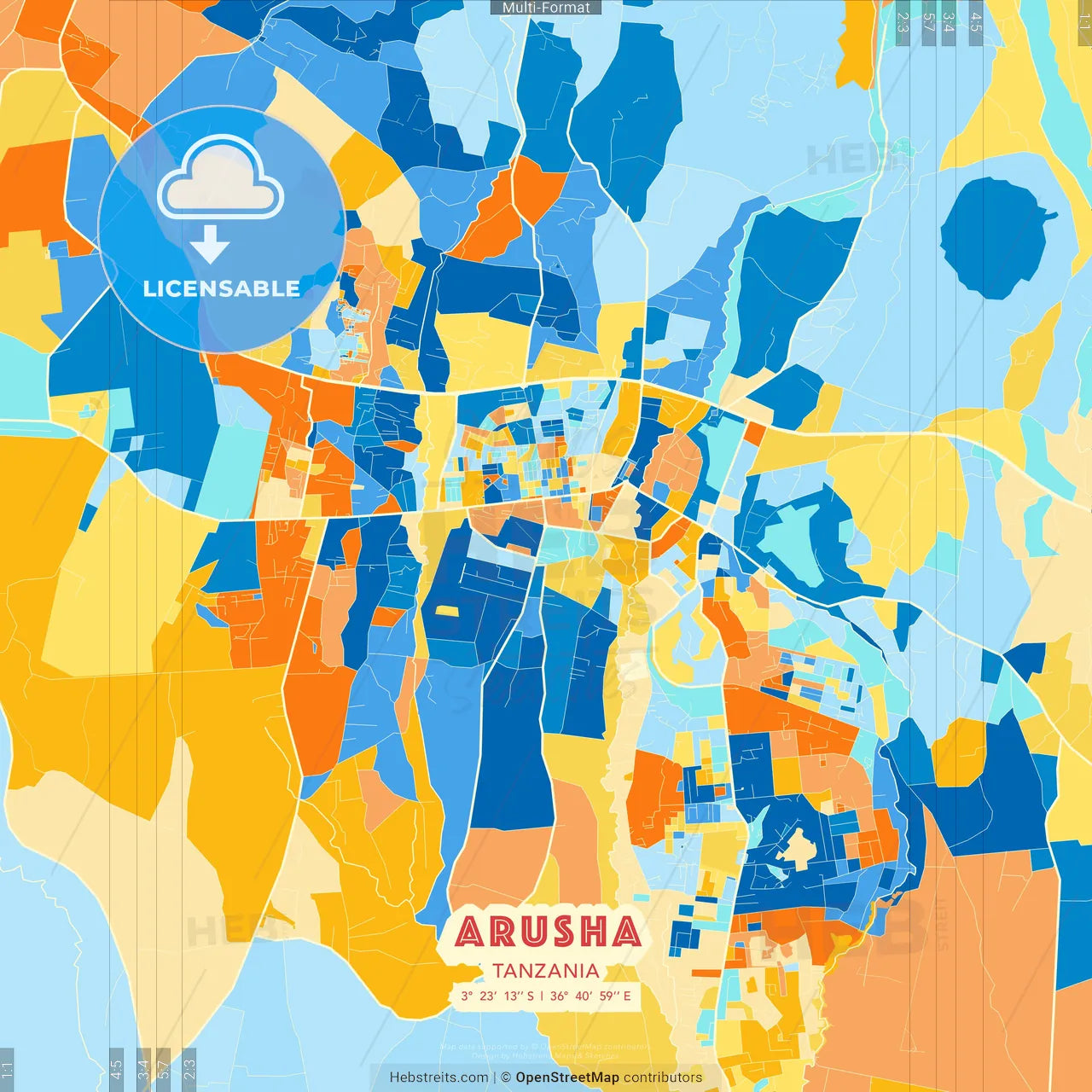 Arusha, Tanzania blue and orange vector art map template