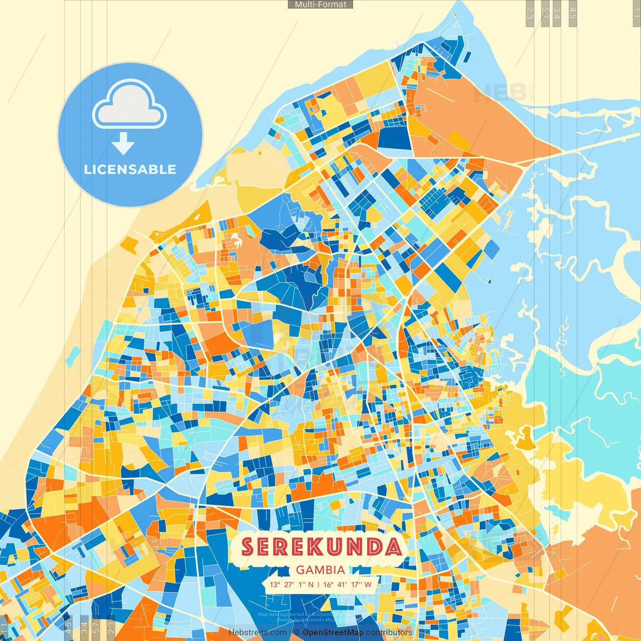Serekunda, Gambia blue and orange vector art map template