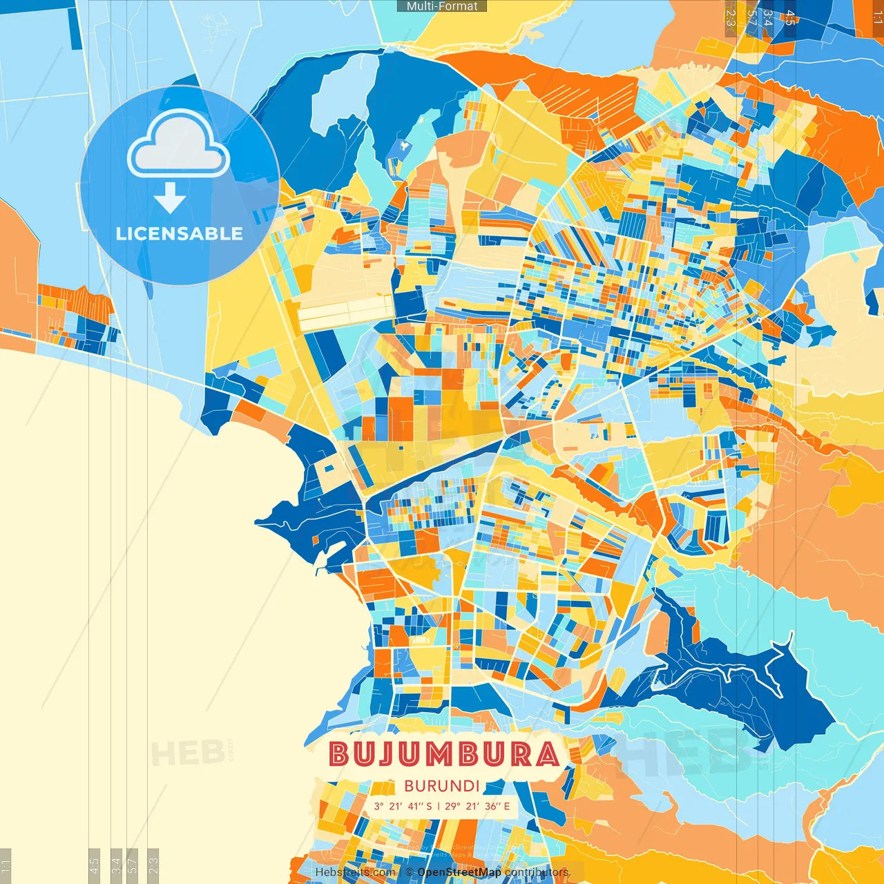 Bujumbura, Burundi blue and orange vector art map template