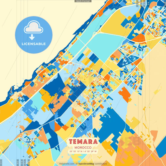 Temara, Morocco blue and orange vector art map template