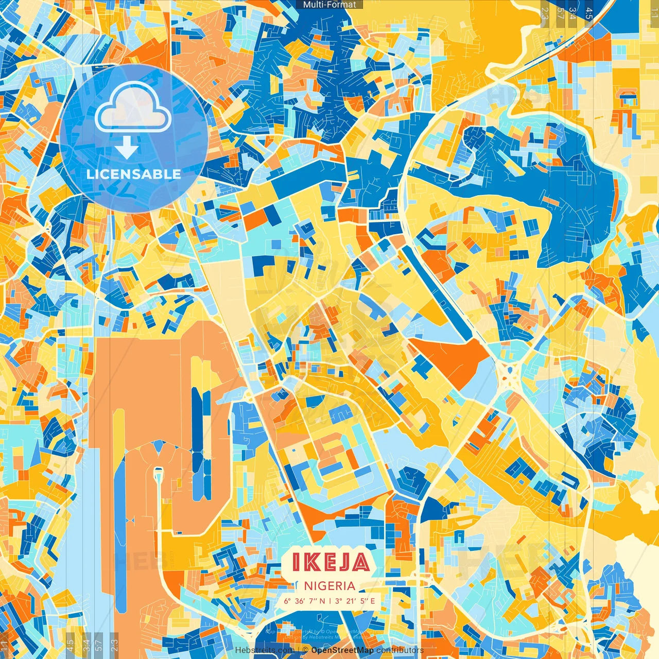 Ikeja, Nigeria blue and orange vector art map template