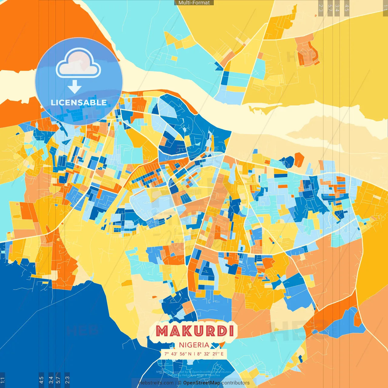 Makurdi, Nigeria blue and orange vector art map template