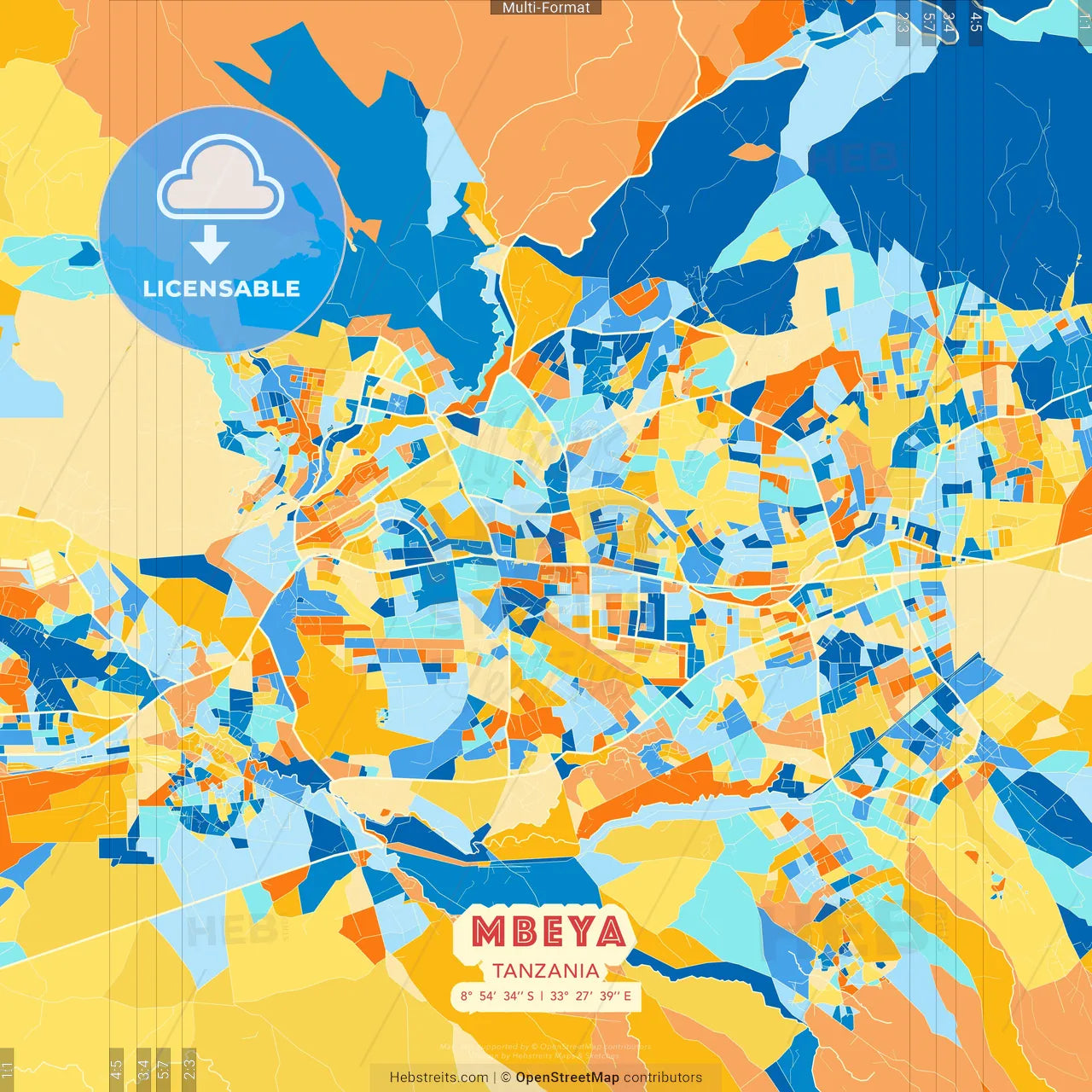 Mbeya, Tanzania blue and orange vector art map template