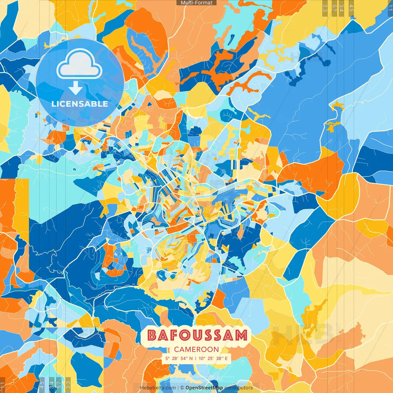 Bafoussam, Cameroon blue and orange vector art map template