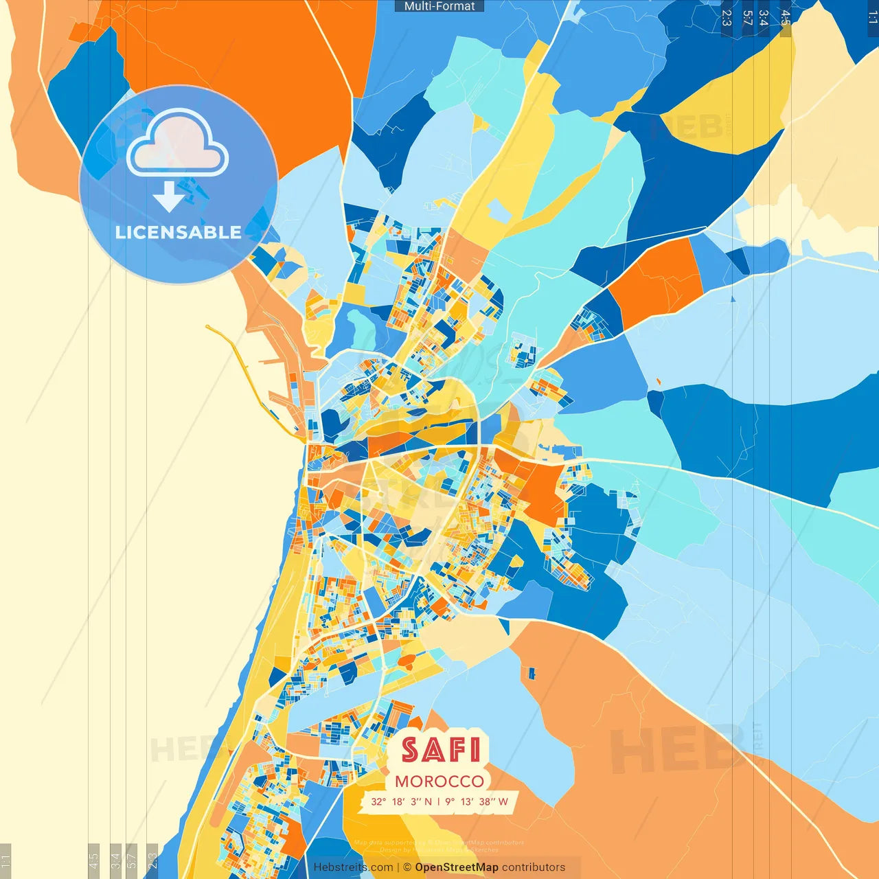 Safi, Morocco blue and orange vector art map template