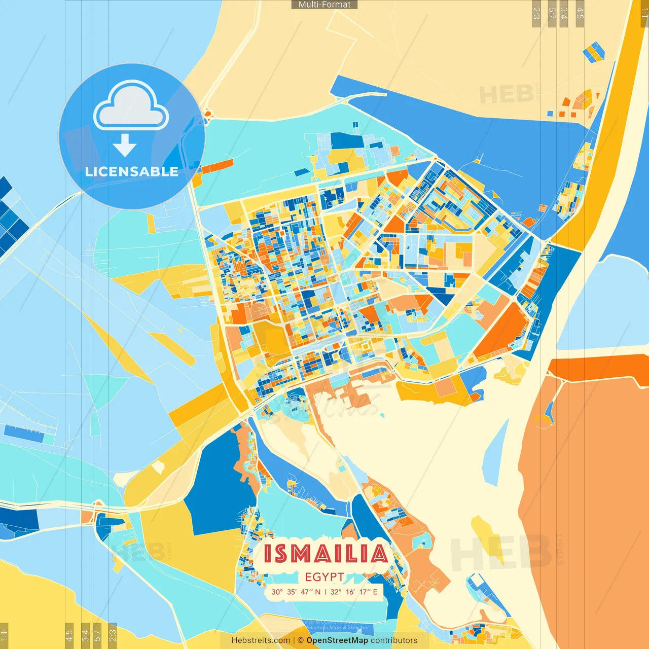 Ismailia, Egypt blue and orange vector art map template