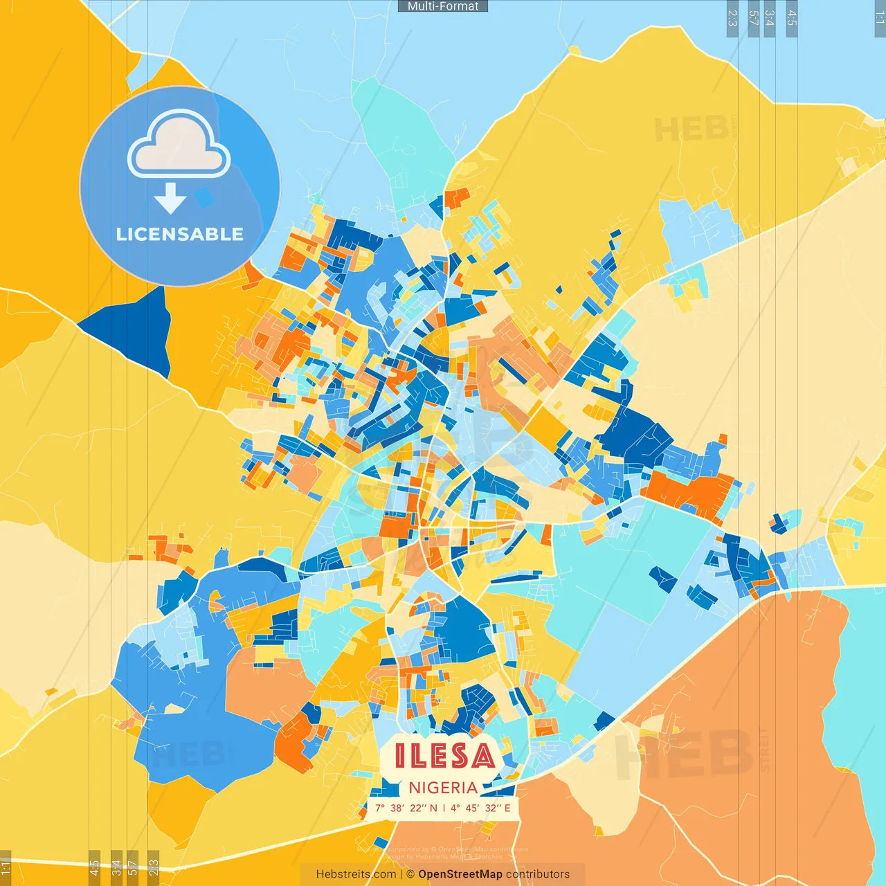 Ilesa, Nigeria blue and orange vector art map template