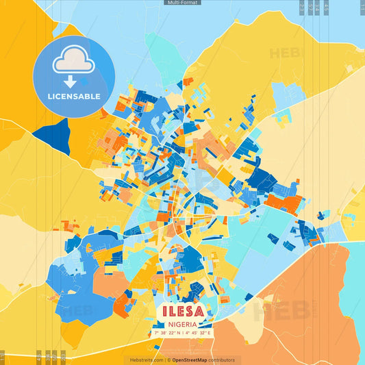 Ilesa, Nigeria blue and orange vector art map template