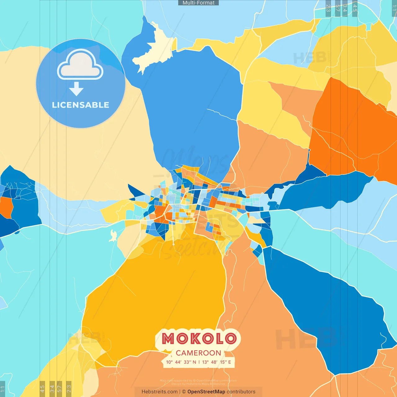 Mokolo, Cameroon blue and orange vector art map template
