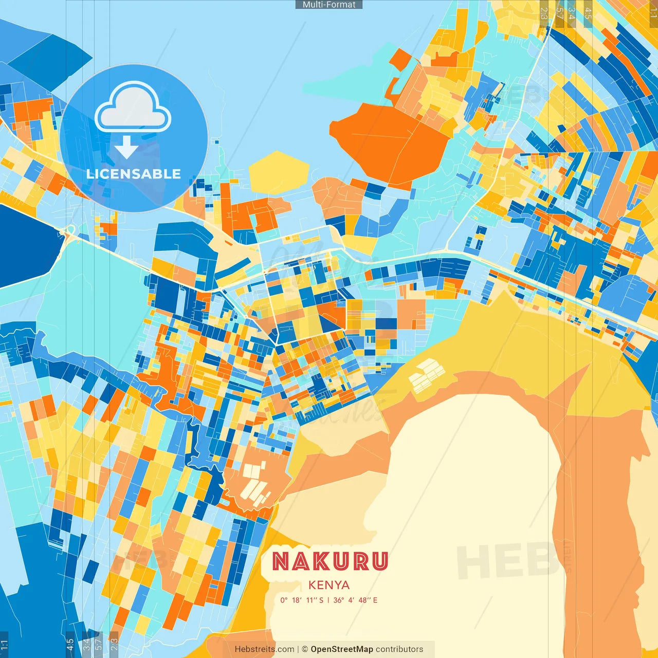 Nakuru, Kenya blue and orange vector art map template