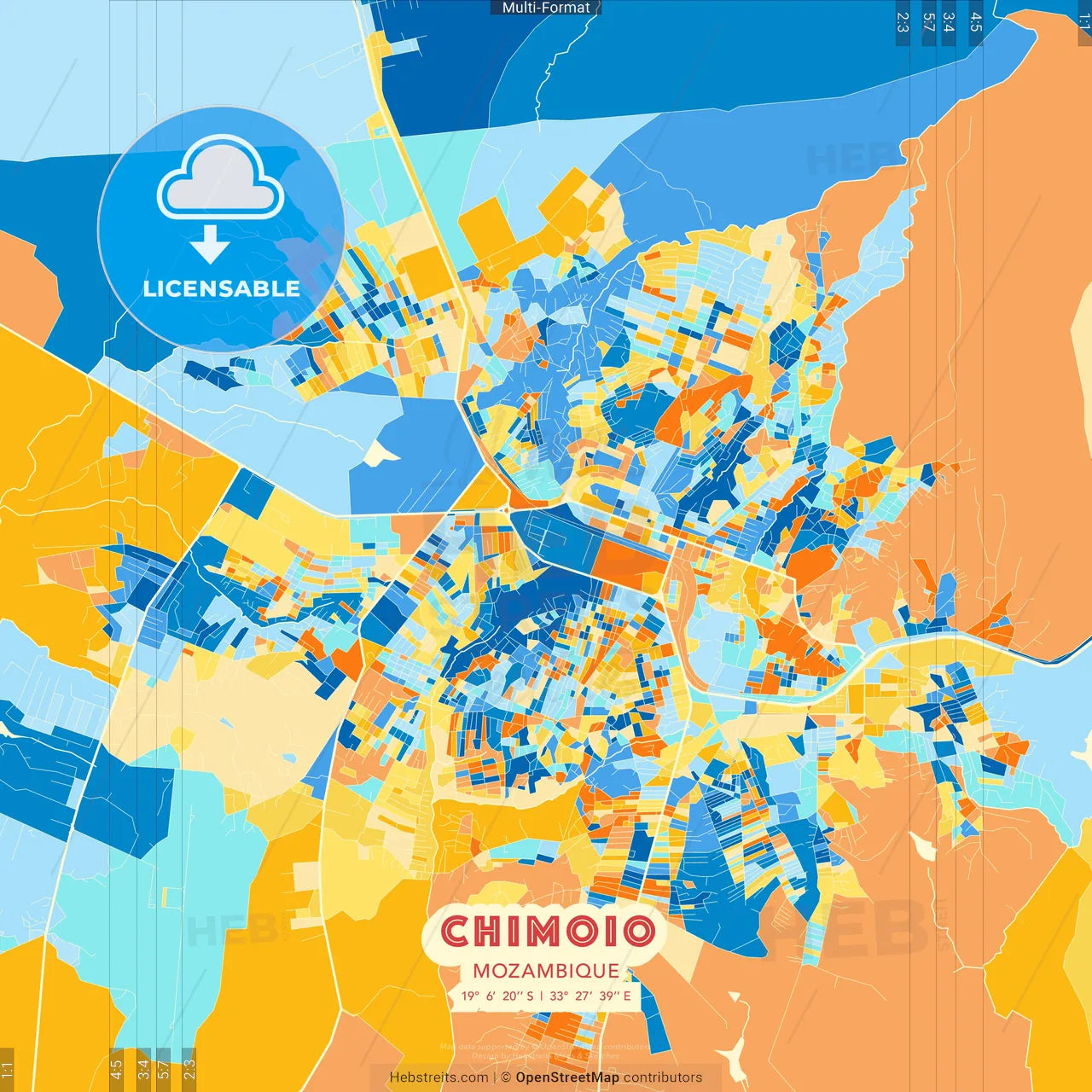 Chimoio, Mozambique blue and orange vector art map template