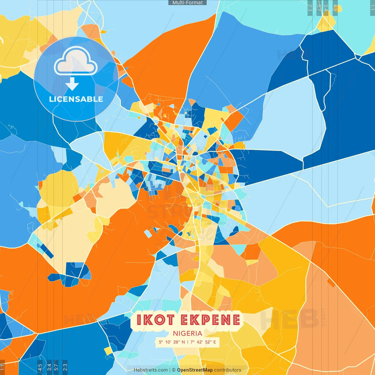 Ikot Ekpene, Nigeria blue and orange vector art map template