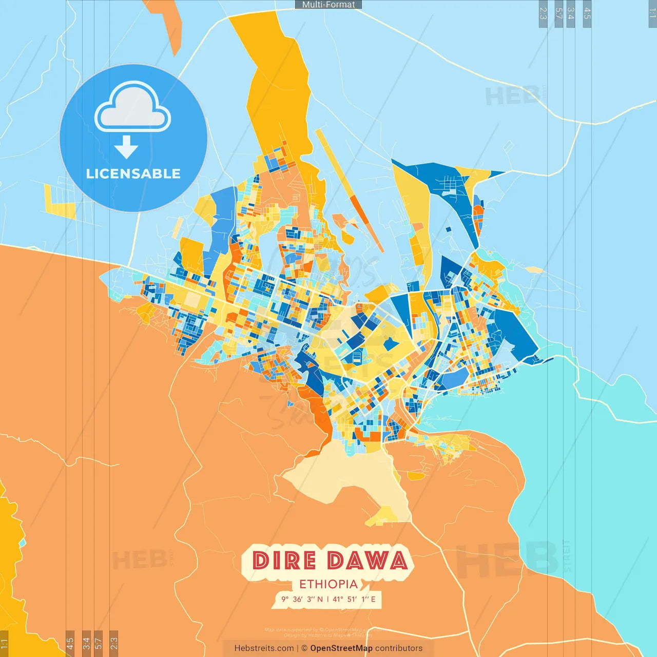 Dire Dawa, Ethiopia blue and orange vector art map template