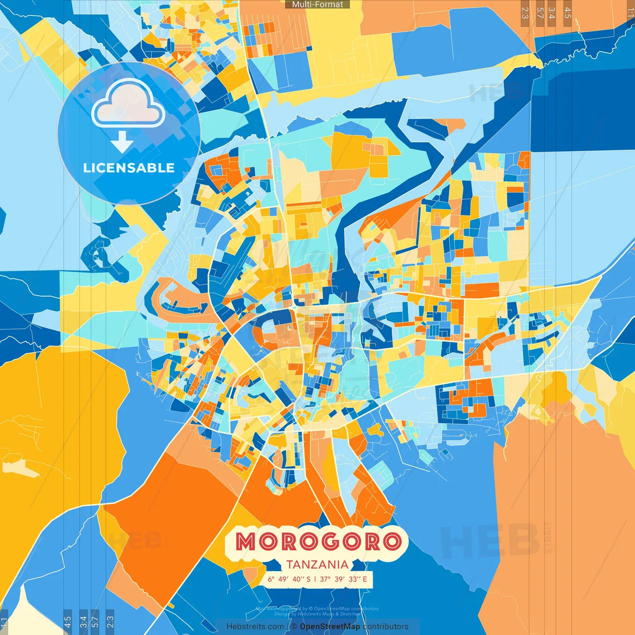Morogoro, Tanzania blue and orange vector art map template