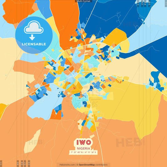 Iwo, Nigeria blue and orange vector art map template