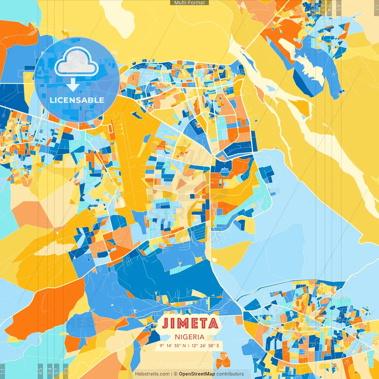 Jimeta, Nigeria blue and orange vector art map template