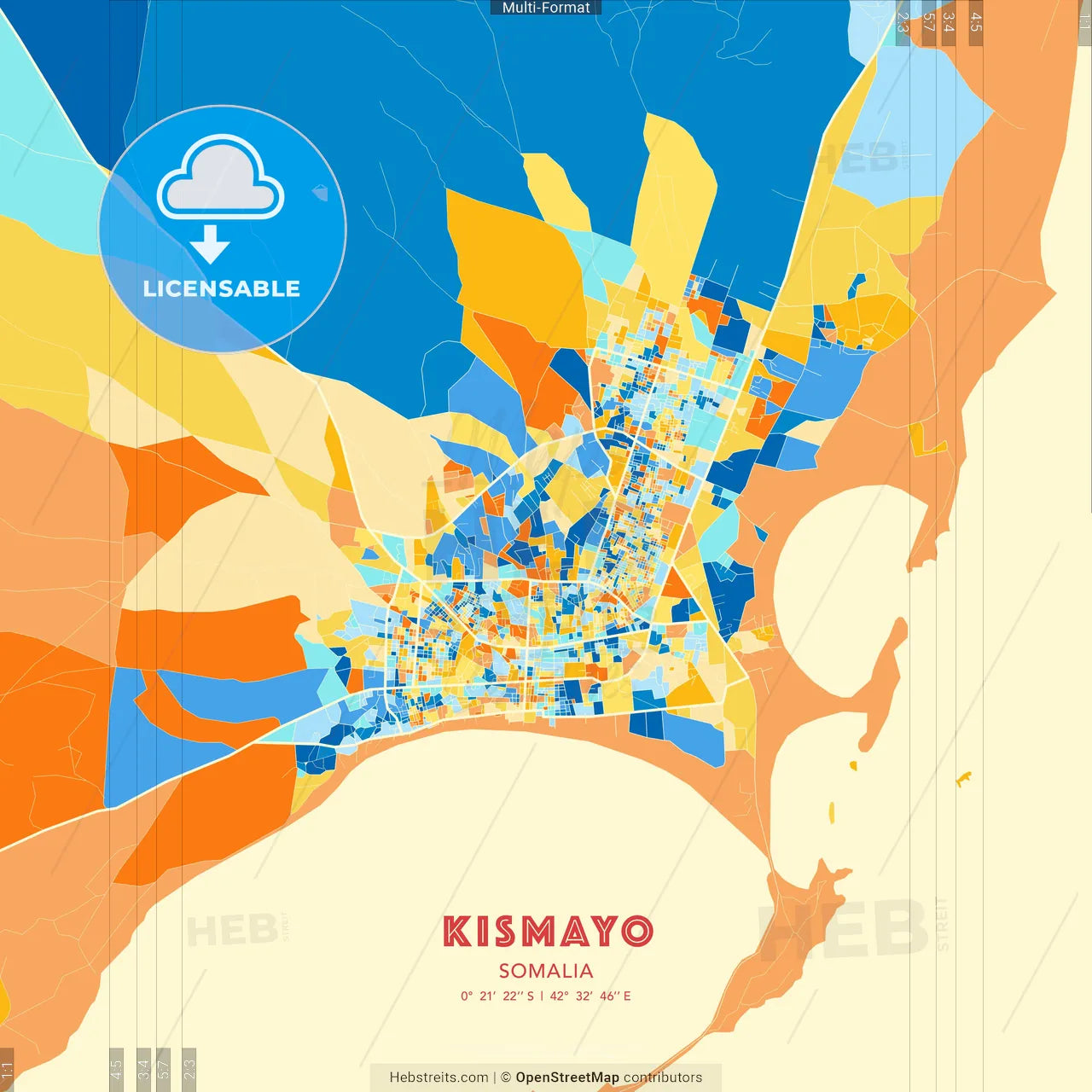 Kismayo, Somalia blue and orange vector art map template
