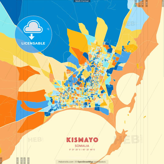 Kismayo, Somalia blue and orange vector art map template