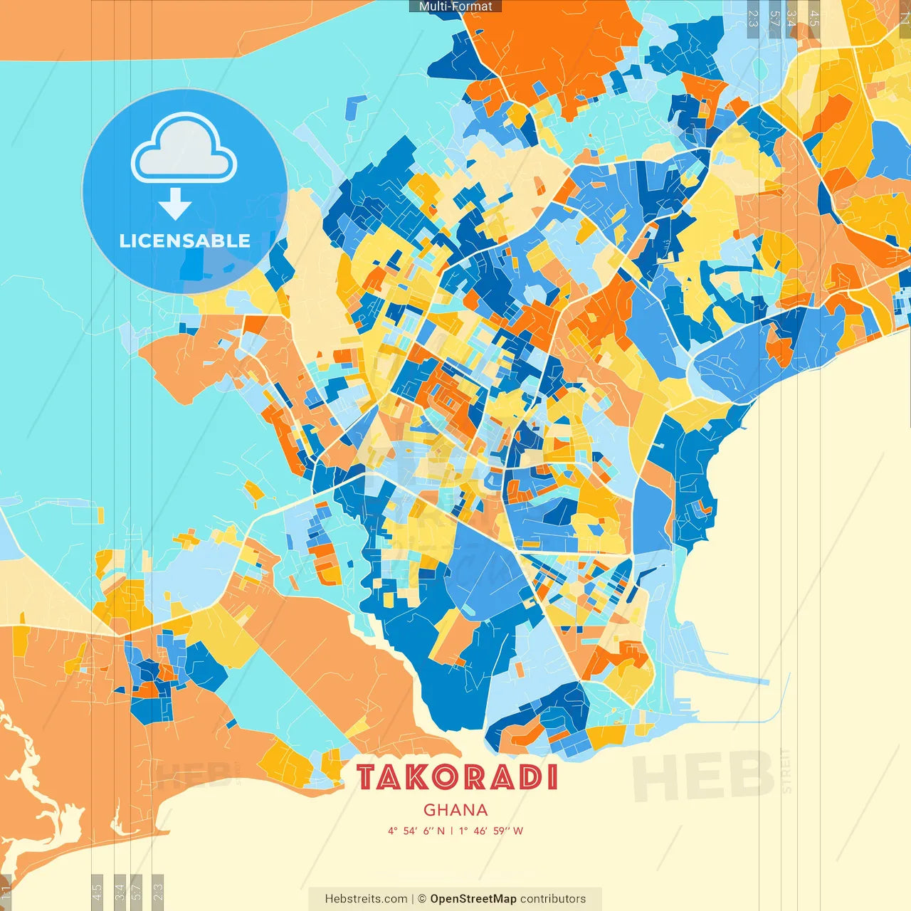 Takoradi, Ghana blue and orange vector art map template