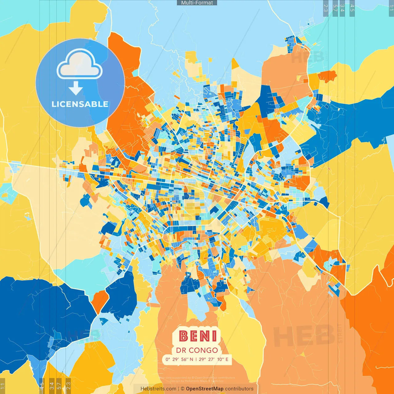 Beni, DR Congo blue and orange vector art map template