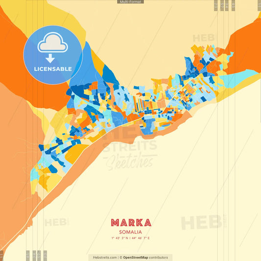 Marka, Somalia blue and orange vector art map template