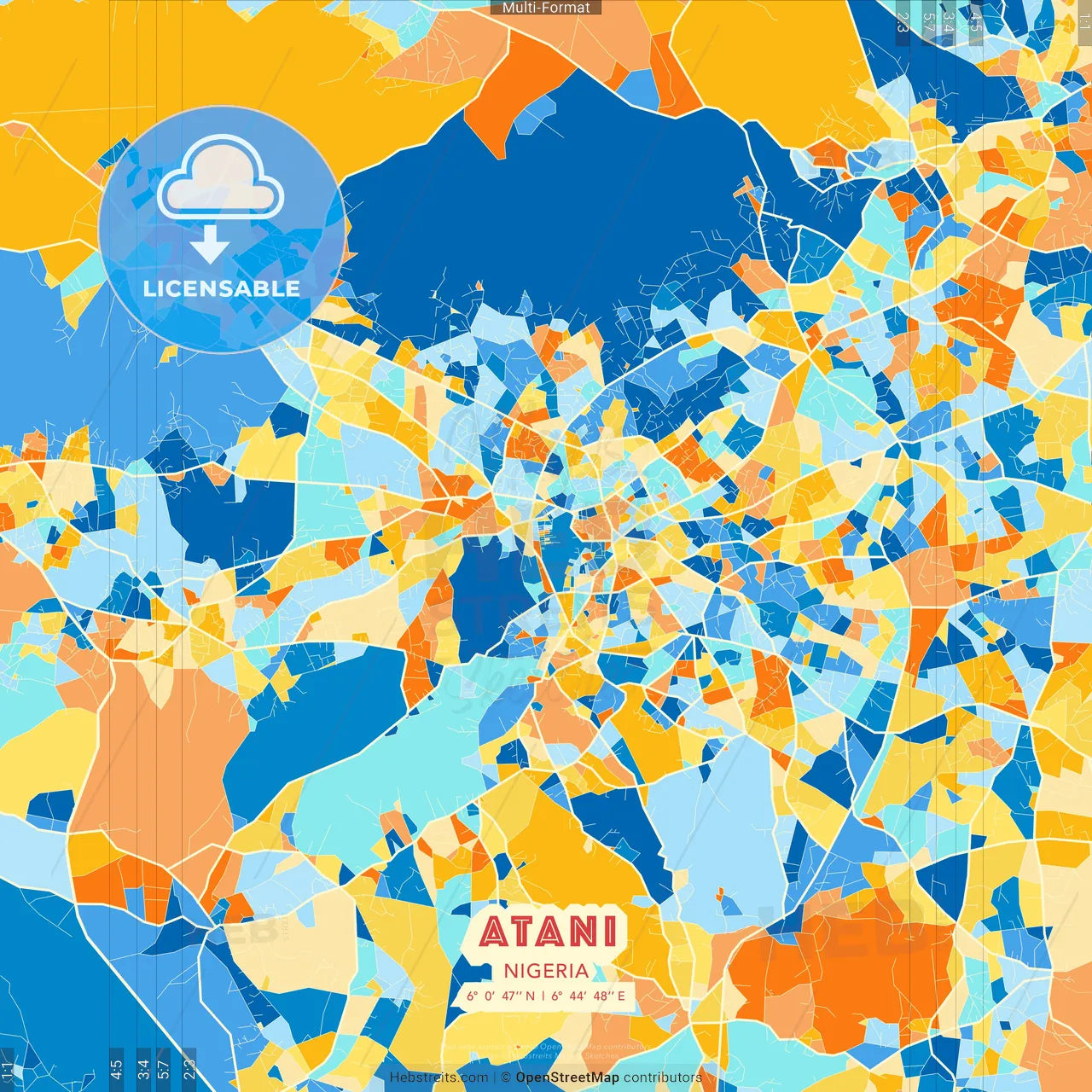 Atani, Nigeria blue and orange vector art map template