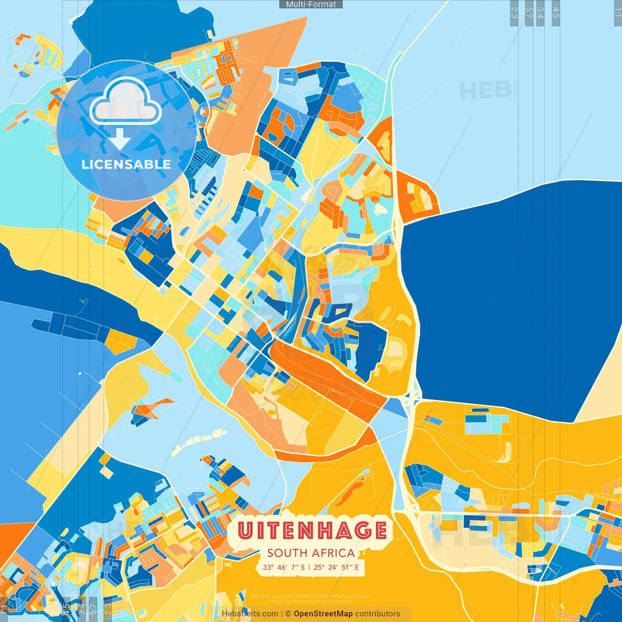 Uitenhage, South Africa blue and orange vector art map template