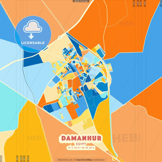 Damanhur, Egypt blue and orange vector art map template