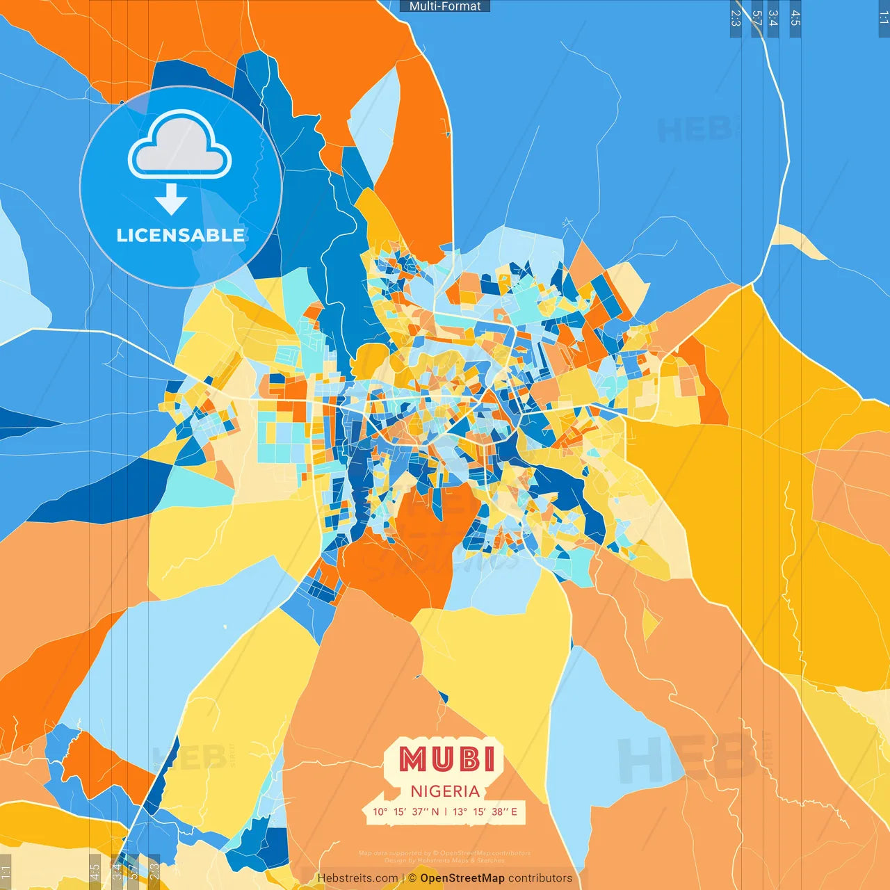Mubi, Nigeria blue and orange vector art map template