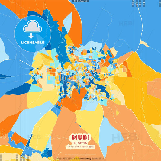 Mubi, Nigeria blue and orange vector art map template