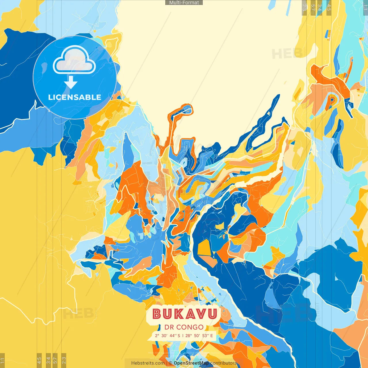 Bukavu, DR Congo blue and orange vector art map template