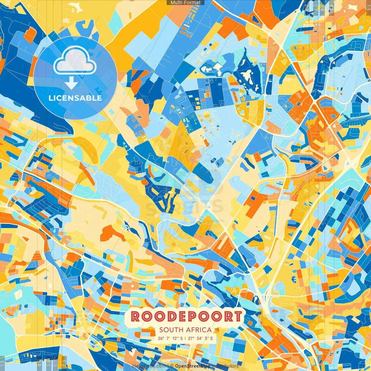 Roodepoort, South Africa blue and orange vector art map template