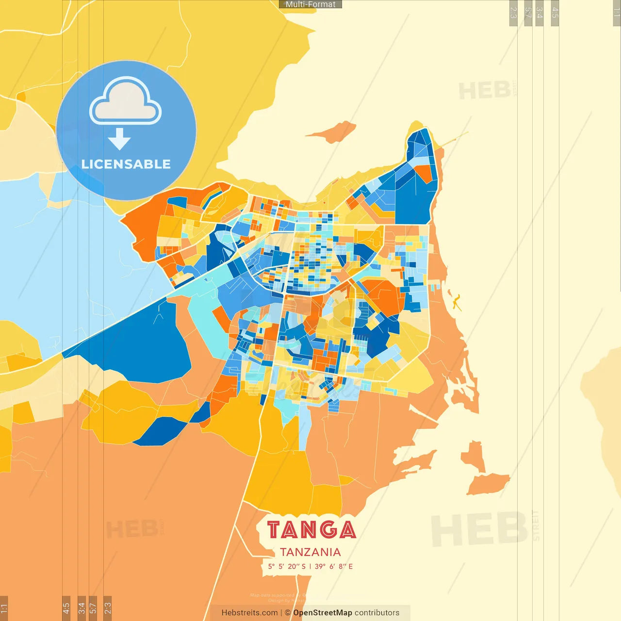 Tanga, Tanzania blue and orange vector art map template