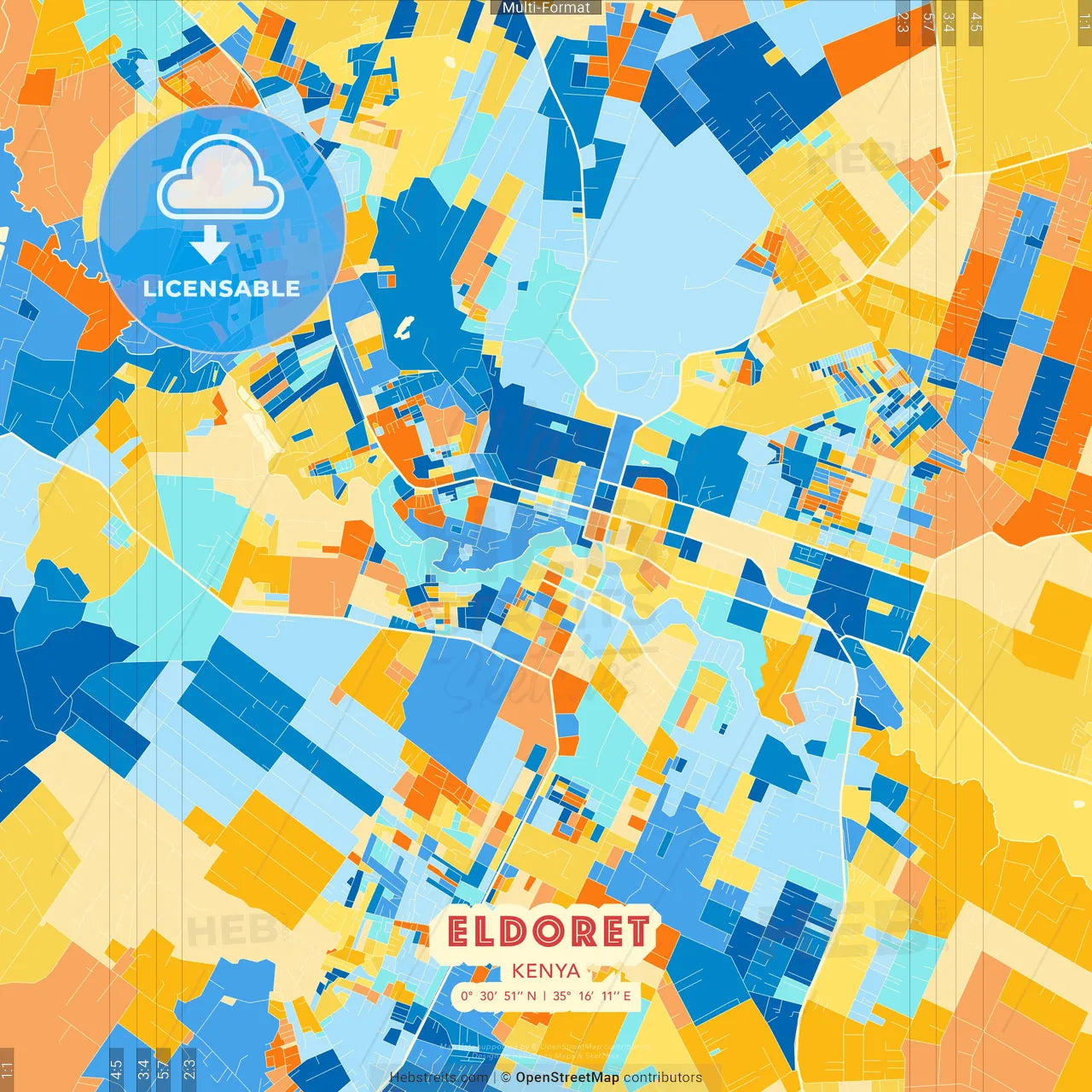 Eldoret, Kenya blue and orange vector art map template