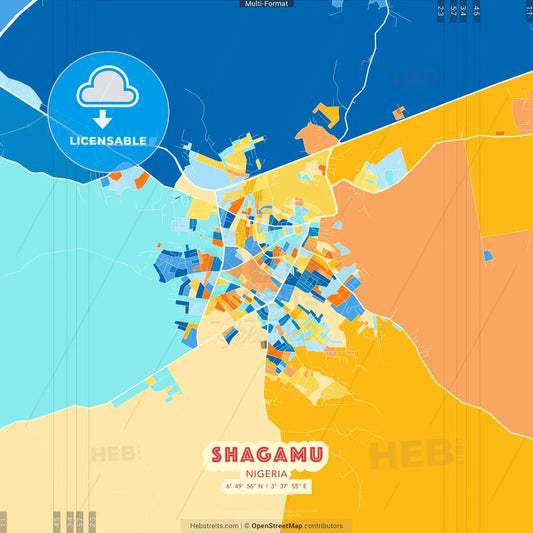 Shagamu, Nigeria blue and orange vector art map template