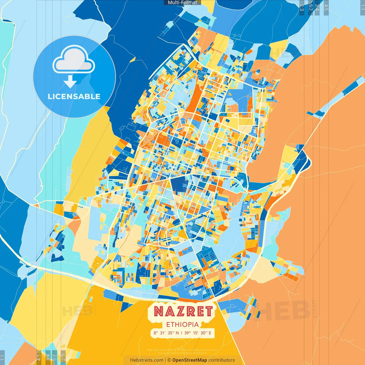 Nazret, Ethiopia blue and orange vector art map template