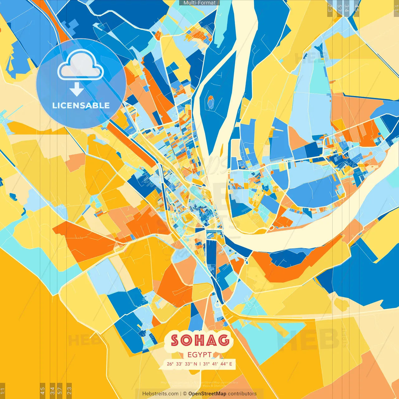 Sohag, Egypt blue and orange vector art map template