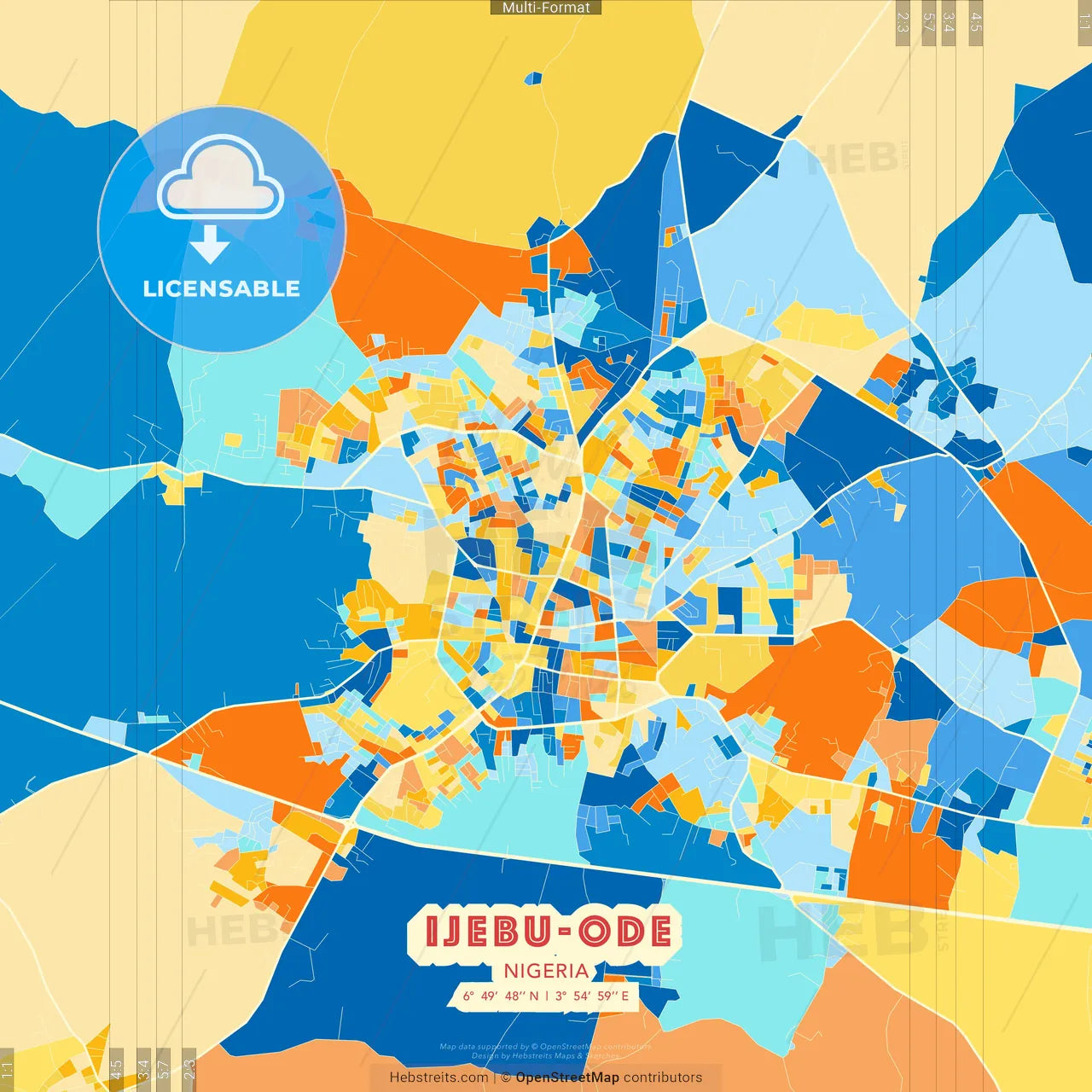 Ijebu-Ode, Nigeria blue and orange vector art map template