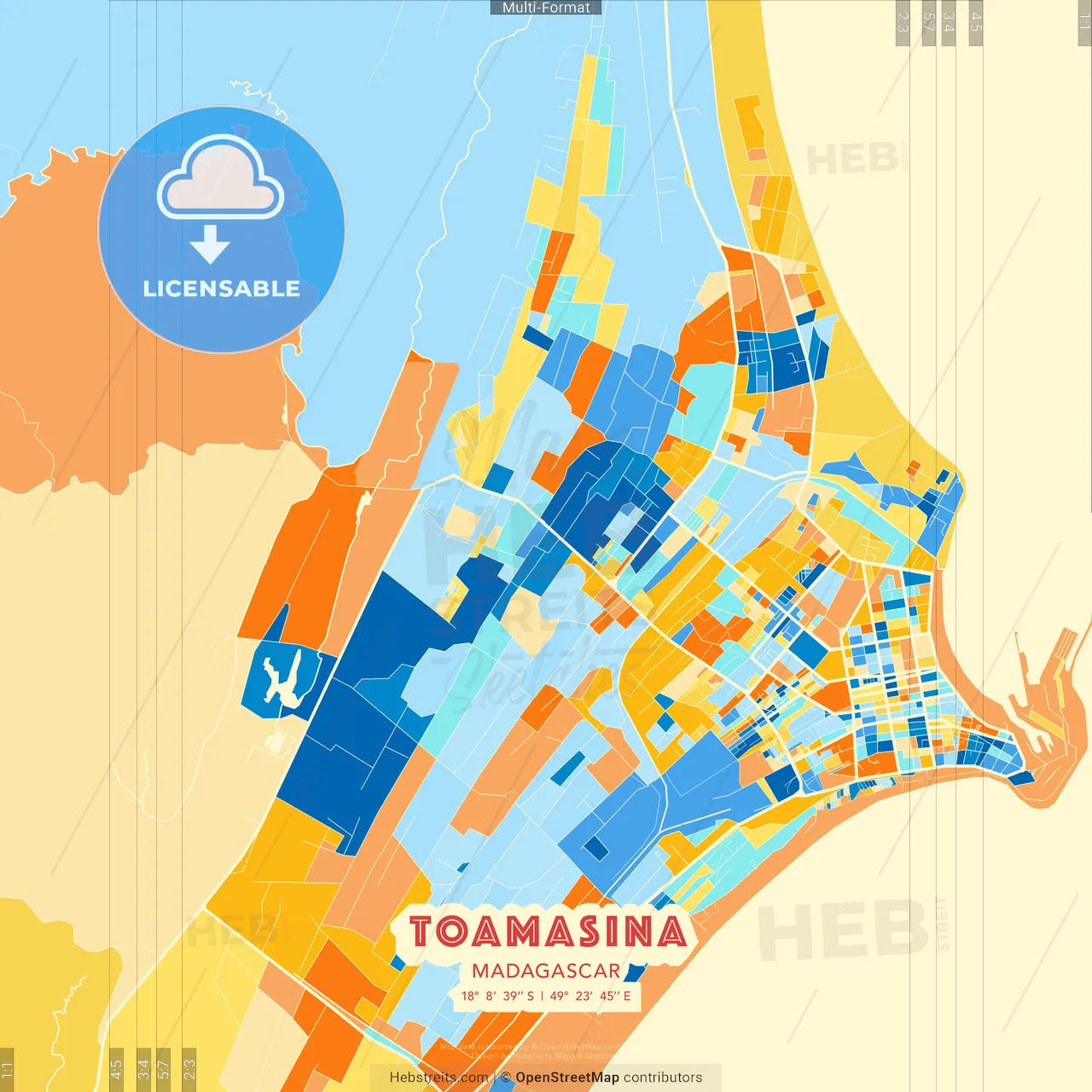 Toamasina, Madagascar blue and orange vector art map template